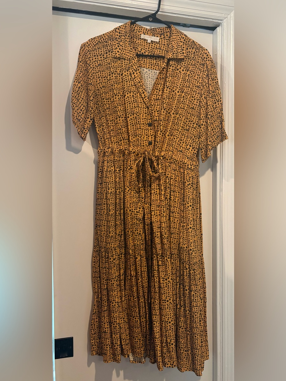 Corey Lynn Calter Mustard cheetah Print Midi Dress with Tie Waist S